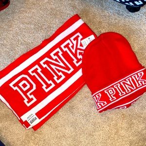VS PINK RED SCARF & BEANIE COMBO ONE SIZE